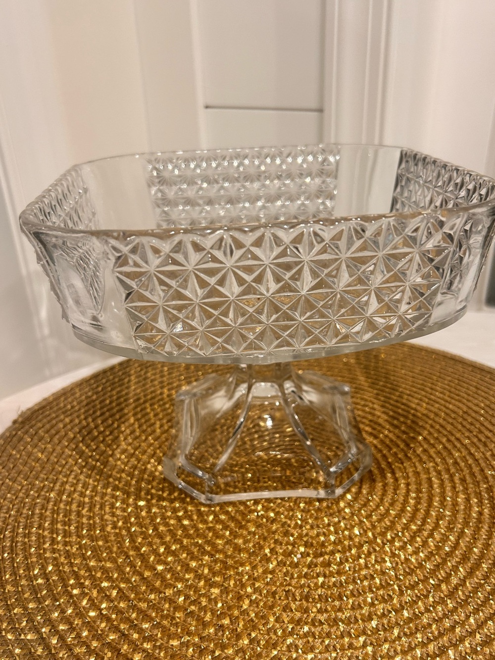 GLOWS GREEN & PURPLE EAPG Clear Glass geometric Pedestal Compote Footed Bowl